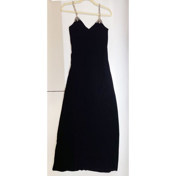 Vintage Suzy Perette Black Velvet Rhinestone Maxi Gown Holiday Size 10 Made USA - Picture 7 of 11